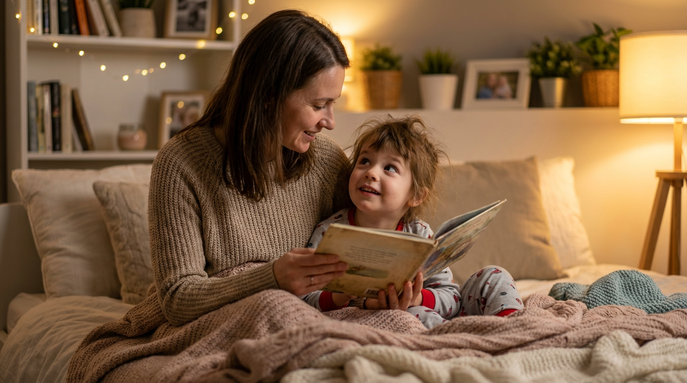 Mother reading bedtime story to child